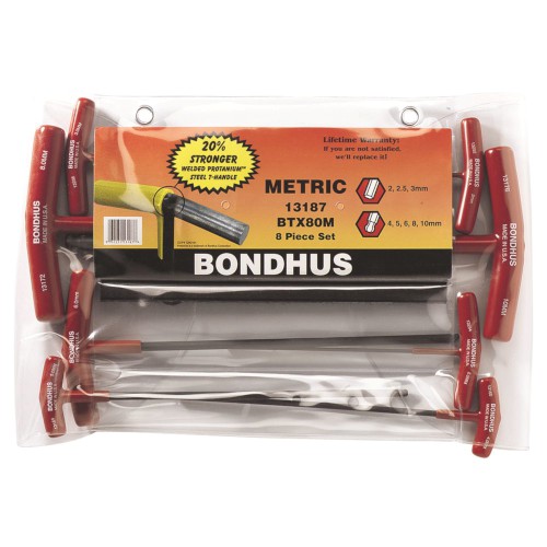 HEX KEY SET, 8 PCE, METRIC, T-HANDLE, BALL DRIVE, BONDHUS