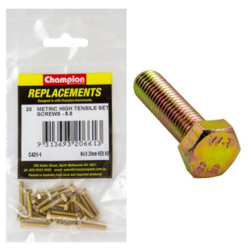 CHAMPION REFILL PACK, HEX SET SCREWS, HIGH TENSILE, M4 X 20MM, GRADE 8.8