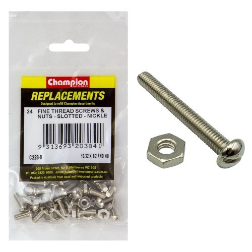 MACHINE SCREWS-PAN-SLOT AND HEX PLAIN NUTS-10/32″ X 1/2″-NICKLE PLATED