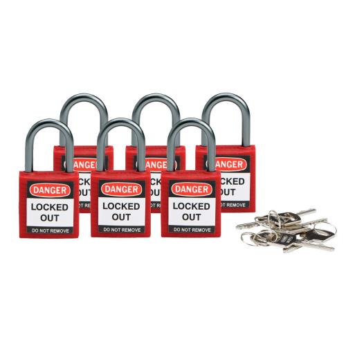 PADLOCK, SAFETY LOCKOUT, RED, KEYED ALIKE (SET OF 6)